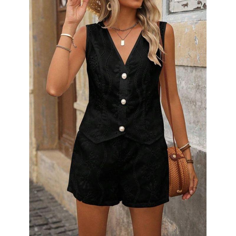 Tank Top and Shorts Set European and American French style Solid Casual Hollow out V-neck Vest Shorts Two-Piece Set