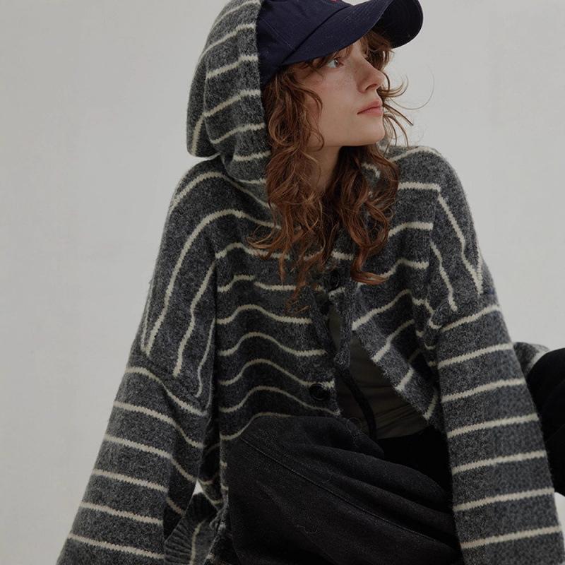 Women Versatile Color Block Striped Hooded Knit Cardigan Autumn Winter Vintage Boho Long Plus Size Sweater Coat
