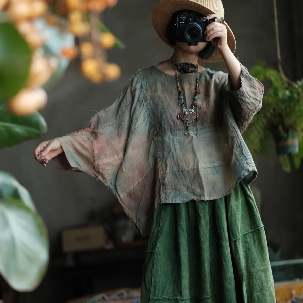 Johnature Women Vintage Patchwork Color Tie-dye T-Shirts O-Neck Long Sleeve Autumn Linen Loose Female T-Shirts