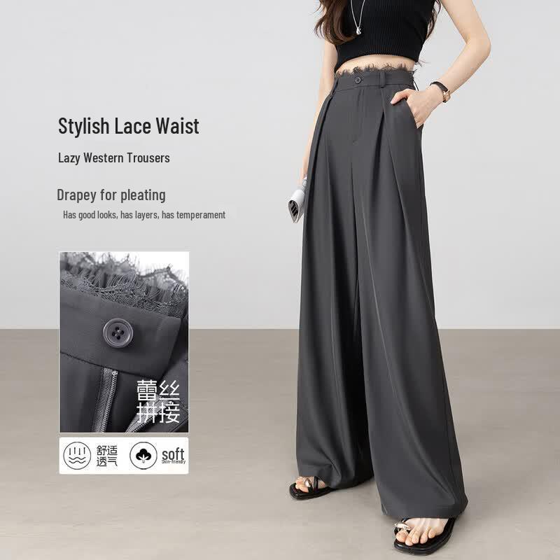 Women s High Waist Casual Pants with Lace Trim L
