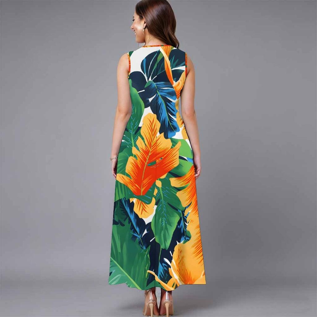 Plus Size Women Sleeveless Crew Neck Dress Beautiful Flower Printed Loose Long Dress For Summer Street Wear