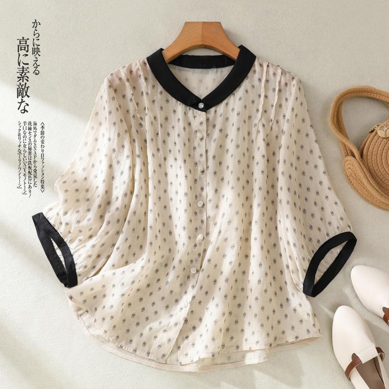 

Real shot summer thin cotton and linen literary and retro printing contrasting color lapel shirt top women s clothing 2XL