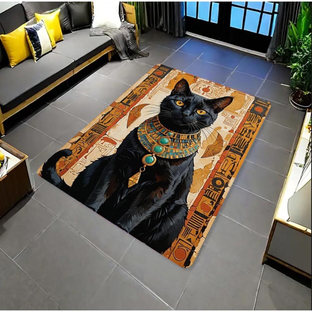 Egyptian Black Cat Rectangle Carpet Ancient Hieroglyph Stained Glass Cat Lover Home Decor Mat Non Slip Floor Rug Bedroom