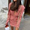 Spring/summer new French vintage floral deep V pleated long-sleeve dress with a stylish design and temperament