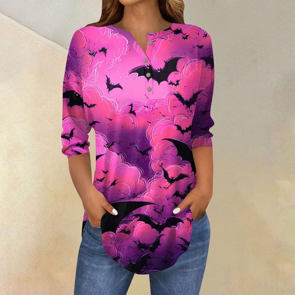 Women's Fashion Loose Button Collar Halloween Print Long Sleeve T-Shirt Top Pullover