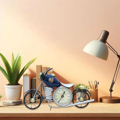 Vintage motocykl Royal Bullet se starožitnými hodinami | Rustikální železný kovový dekorační kus pro studijní stůl, stůl, kancelář, dárky (Modrý)