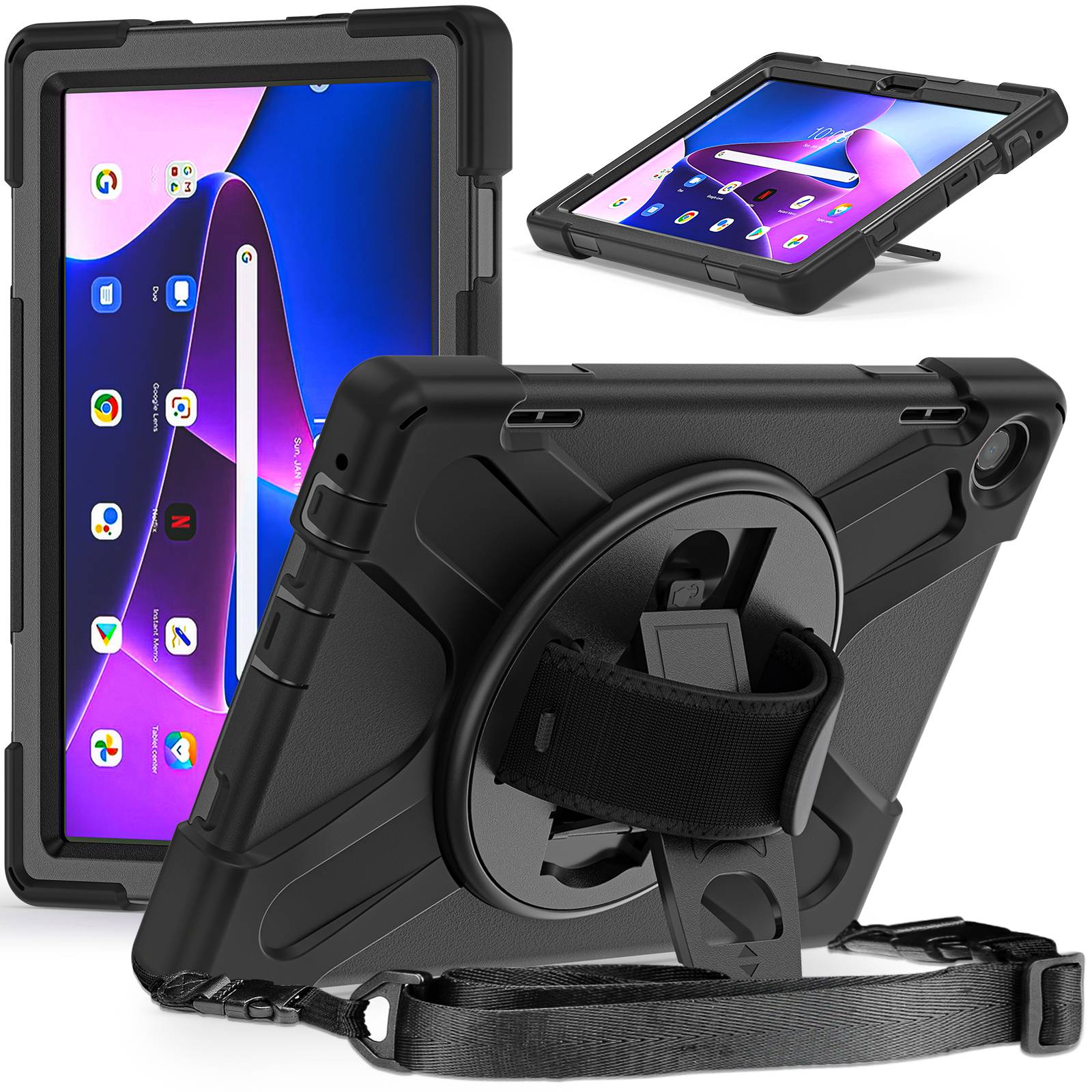 

For Lenovo Tab M10 (Gen 3) TB-328FU/TB-328XU Rotary Hand Strap Kickstand Tablet Case PC+Silicone Shockproof Cover with Shoulder Strap Black