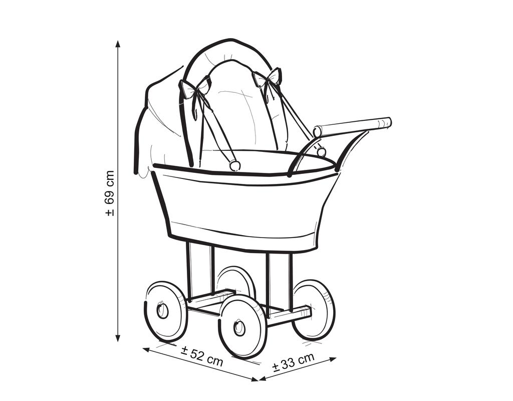Tall wicker doll stroller with gray bedding and lining - natural