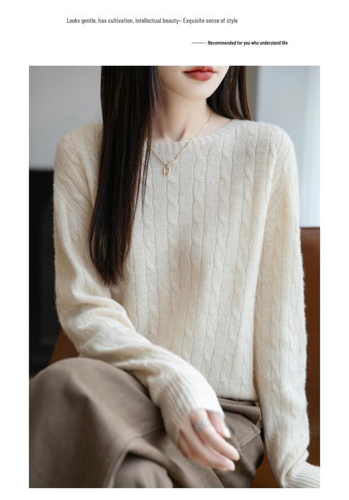 Women's Cable Knit Round Neck Pullover Sweater - Long Sleeve Knitwear for Autumn and Winter