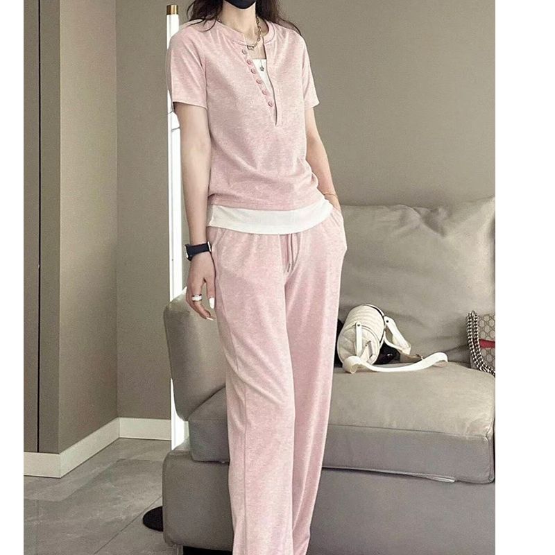 

Suit Women 2025 New Arrival Summer Short Sleeve Color Matching Women s Clothing K-style Fashion All-Match Slim Looking Casual Niche Style Pink Below M85-100 weight