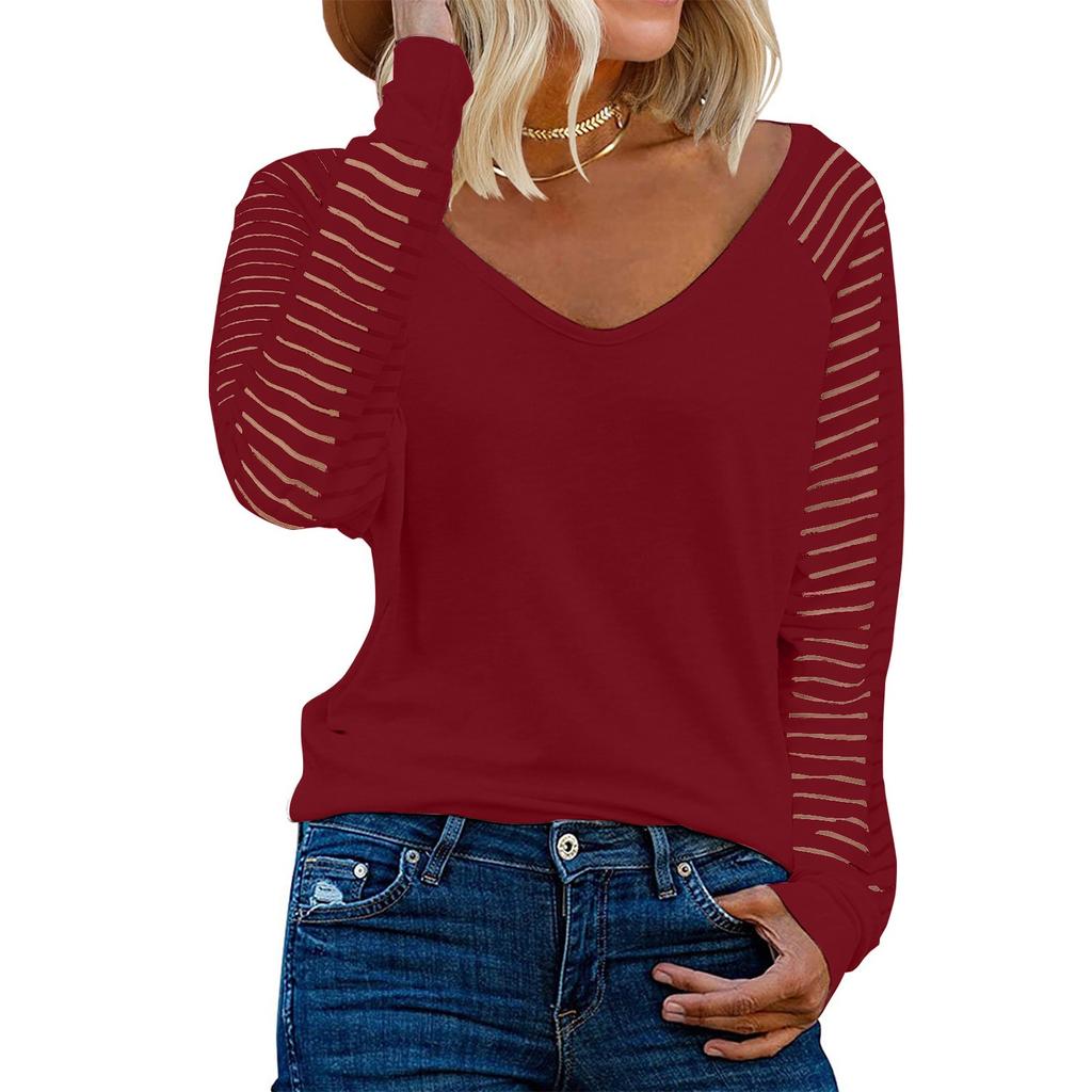 Women's Patchwork Long Sleeved Top Striped Casual Loose Shirt Solid Color Top V Neck  Top