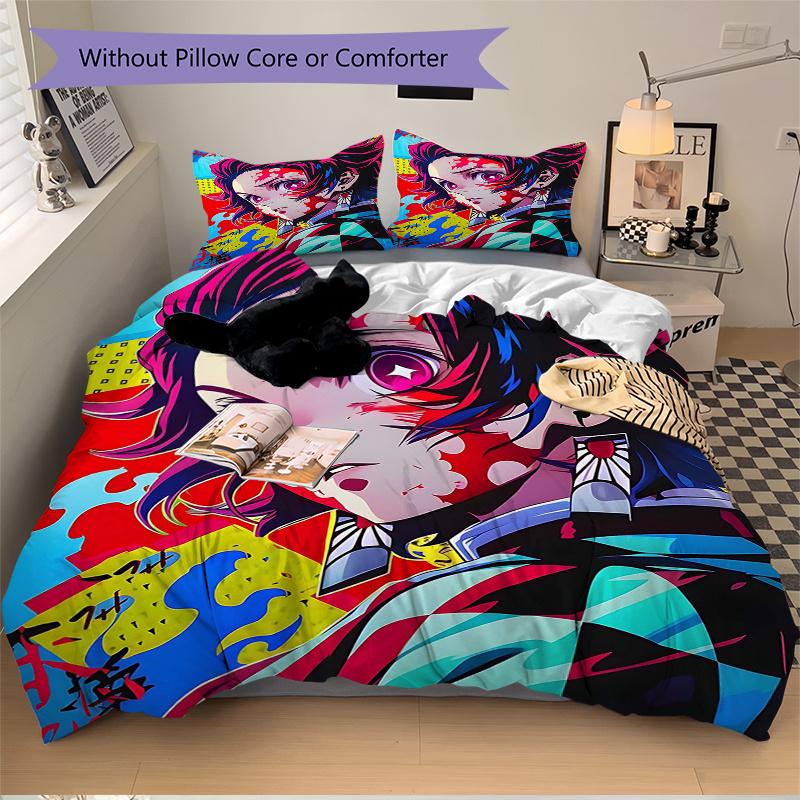 

3 шт. Яркий комплект постельного белья с персонажами аниме - Мягкий и удобный Декор для спальни, гостевой комнаты и общежития Комплект постельного белья 1 пододеяльник + 2 наволочки.C 135x200cm