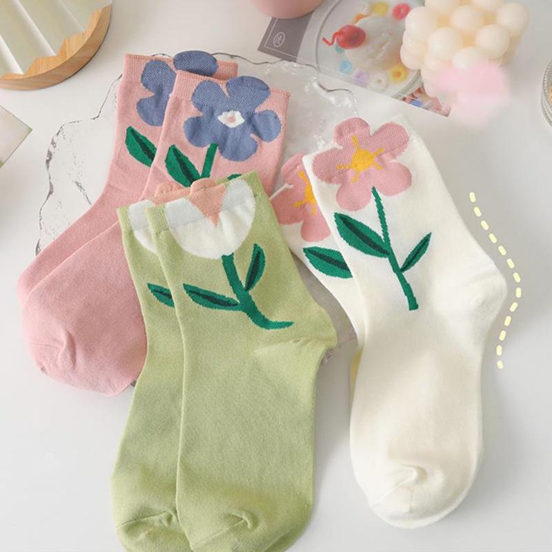 Cotton Women Socks Casual Breathable Japanese Korean Style Cartoon Flower Candy Color  Female Middle Tube Sock