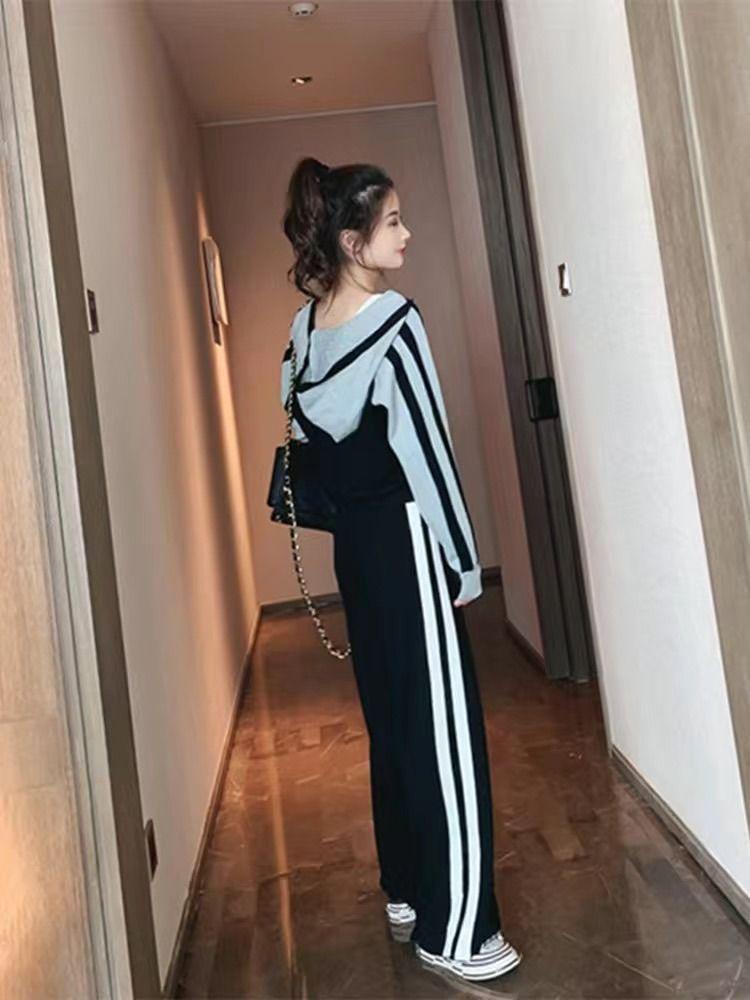 Women's Striped Hoodie & Wide-Leg Pants Two-Piece Set for Spring/Autumn 2026