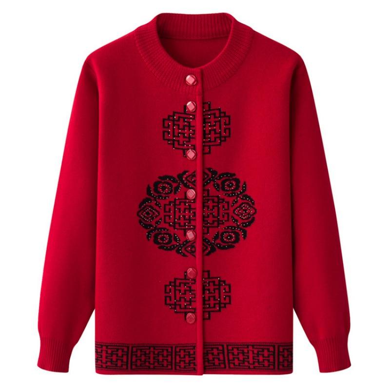 Mom's New Skills New Year's Festive Top In the Elderly Knitted Sweater Cardigan Piled Thickened Grandma Sweater Jacket