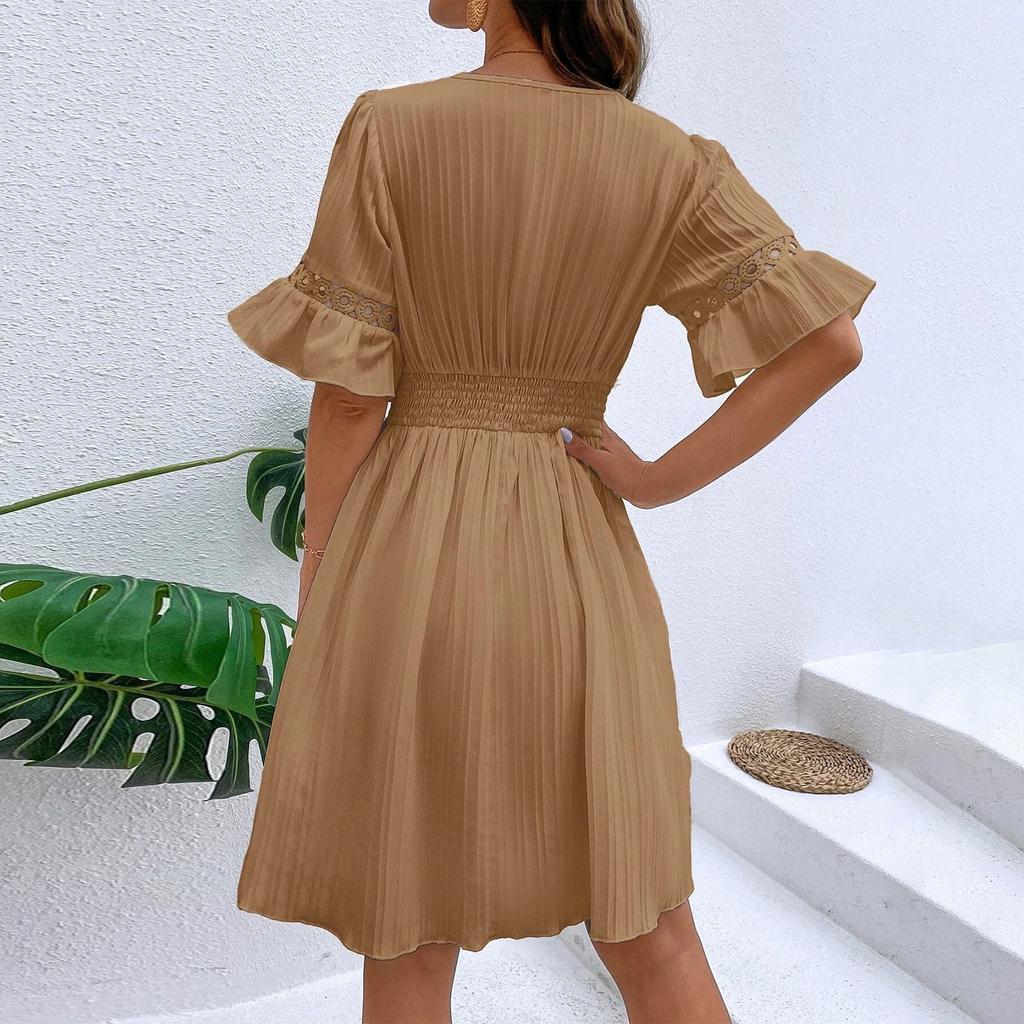 Women's Patchwork Lace Fashionable V-neck Waist Cinching Color Dress