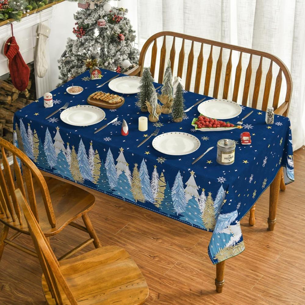 Christmas Polyester Tablecloth Snowman Print Lightweight Stain Resistant Dining Decor Long Table Cover