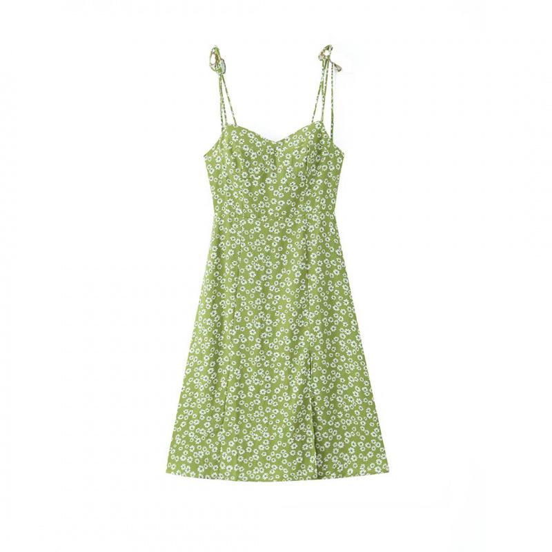 

2026 European & American Style Daisy Print French Strappy Slit Dress Large зелений
