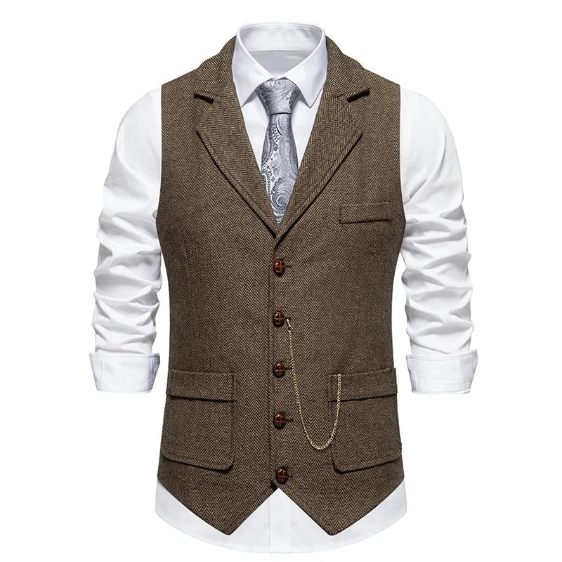 

Men s Retro Lapel Chain Vest Fashion Men Soild Color Suit Vest British Casual Vintage Gentleman Leisure Party Waistcoats S кавовий