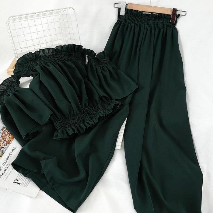 Fashion Two Piece Set Ladies Summer Suit Off Shoulder Short Sleeve Soild Button Short Flower Bud Wide Leg Pants Casual Suits Soft