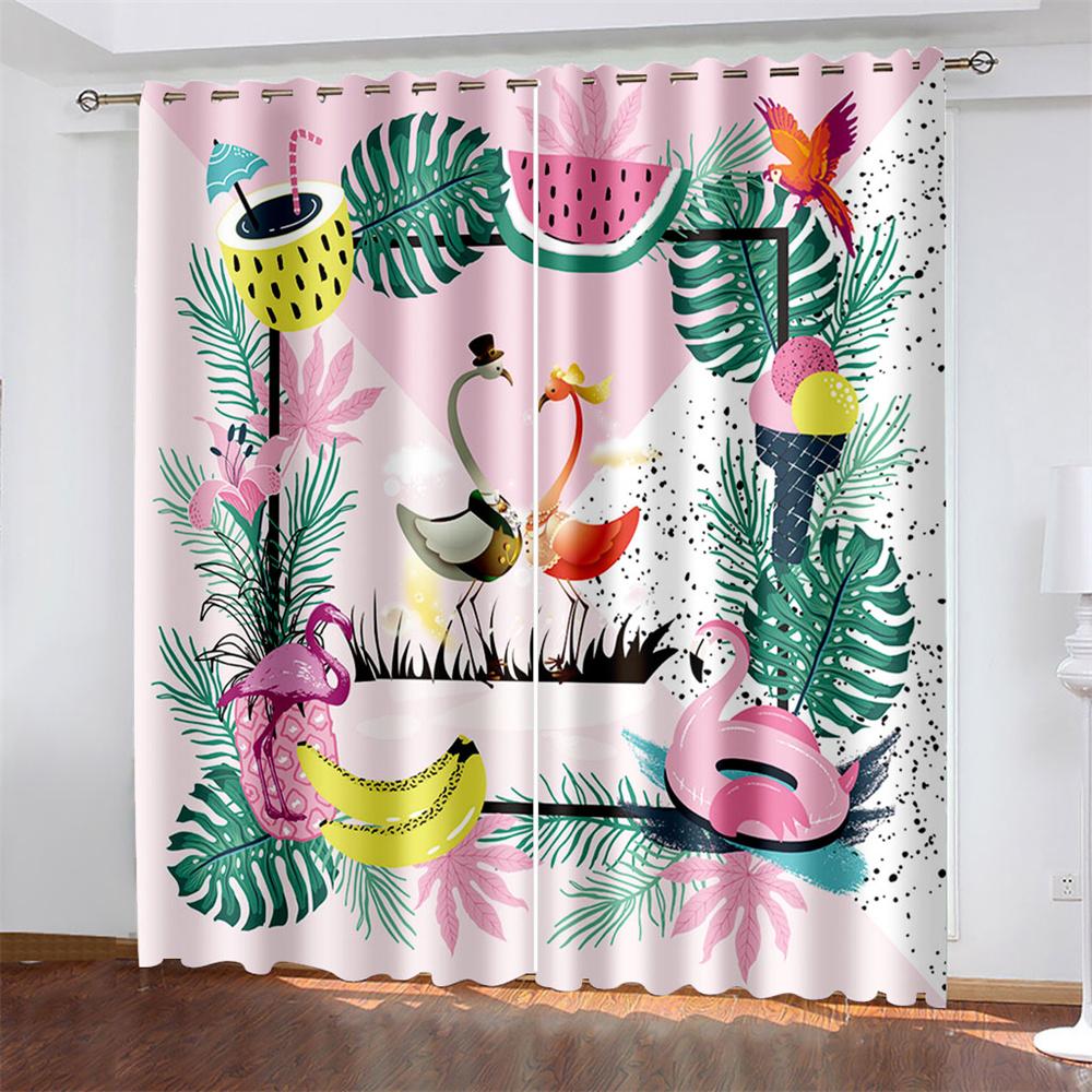 Artistic Flamingo Printing Woven Curtains Bedroom Blackout Curtains Two Separate Curtains On The Left and Right