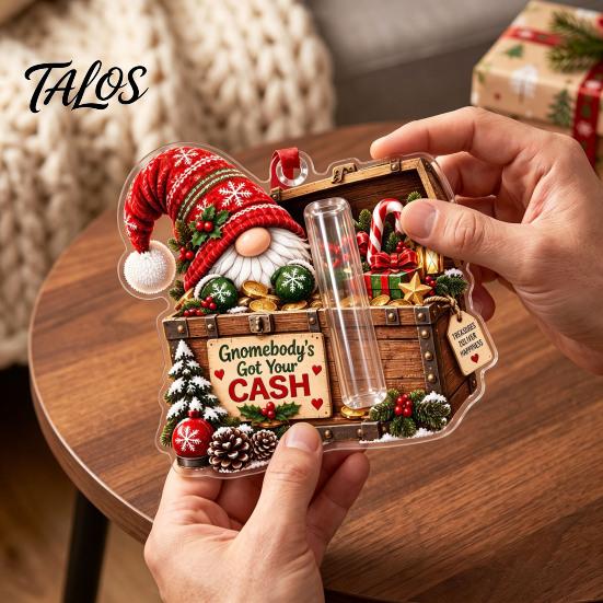 Decorative Hanging Gift Box Gnome Christmas Cash Holder Ornament, Acrylic Pendant for Holiday Tree Decoration, Money Surprise Reveal Kids Adults