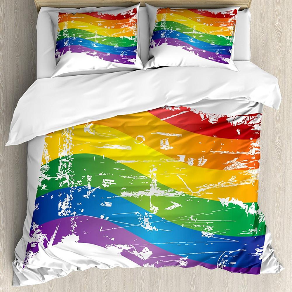 Conjunto de Capa de Edredom Pride Poliéster Pessoas Celebrando o Dia Internacional da Comunidade LGBT com Design Listrado Colorido Conjunto de Cama