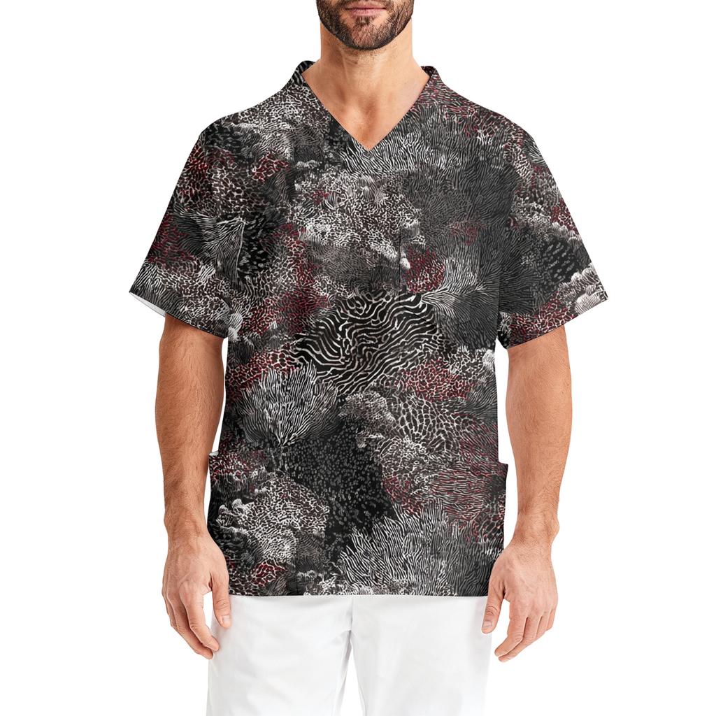 Men's Printing Short Sleeve V,neck Working Blouse Chest Pocket Carer Top