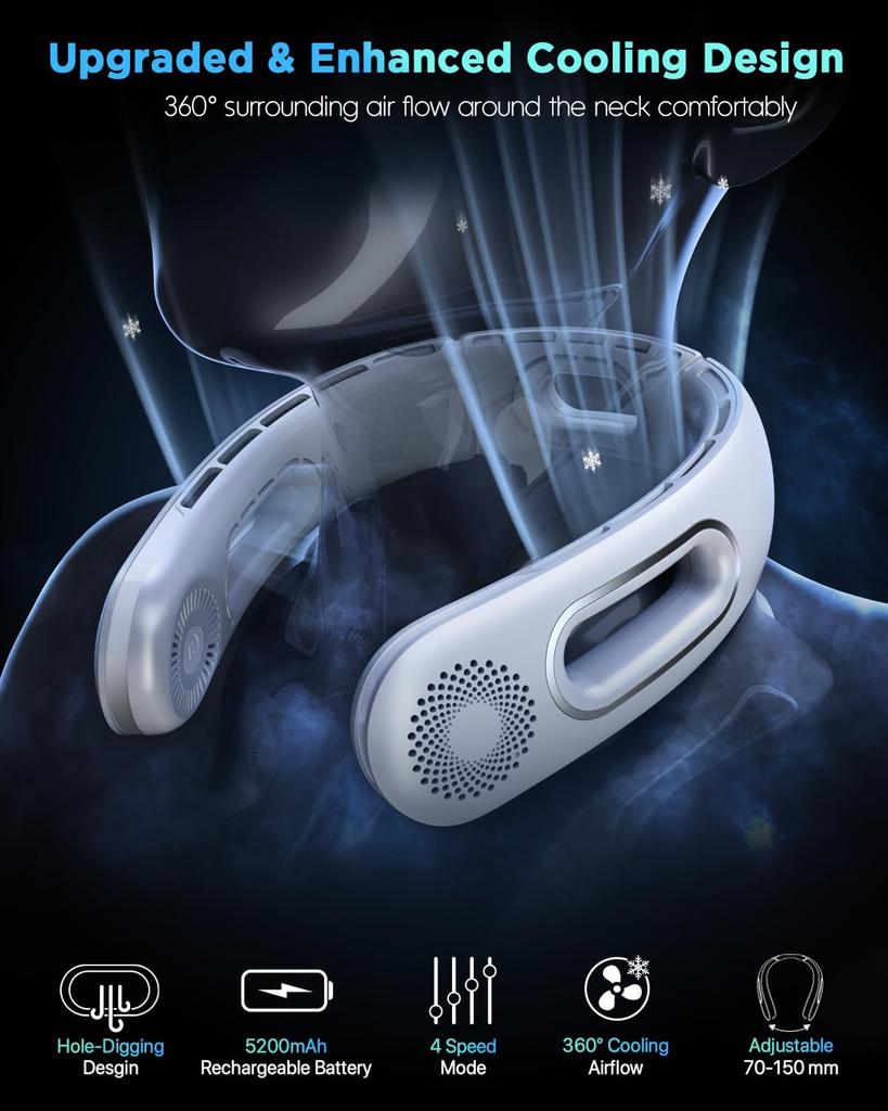 2026 Nuovo Aggiornamento Hotsales Ventilatore da Collo, Ventilatori da Collo Portatili Ricaricabili Senza Pale a Mani Libere, Ventilatore da Collo Raffreddante a 360°, 4 Velocità,