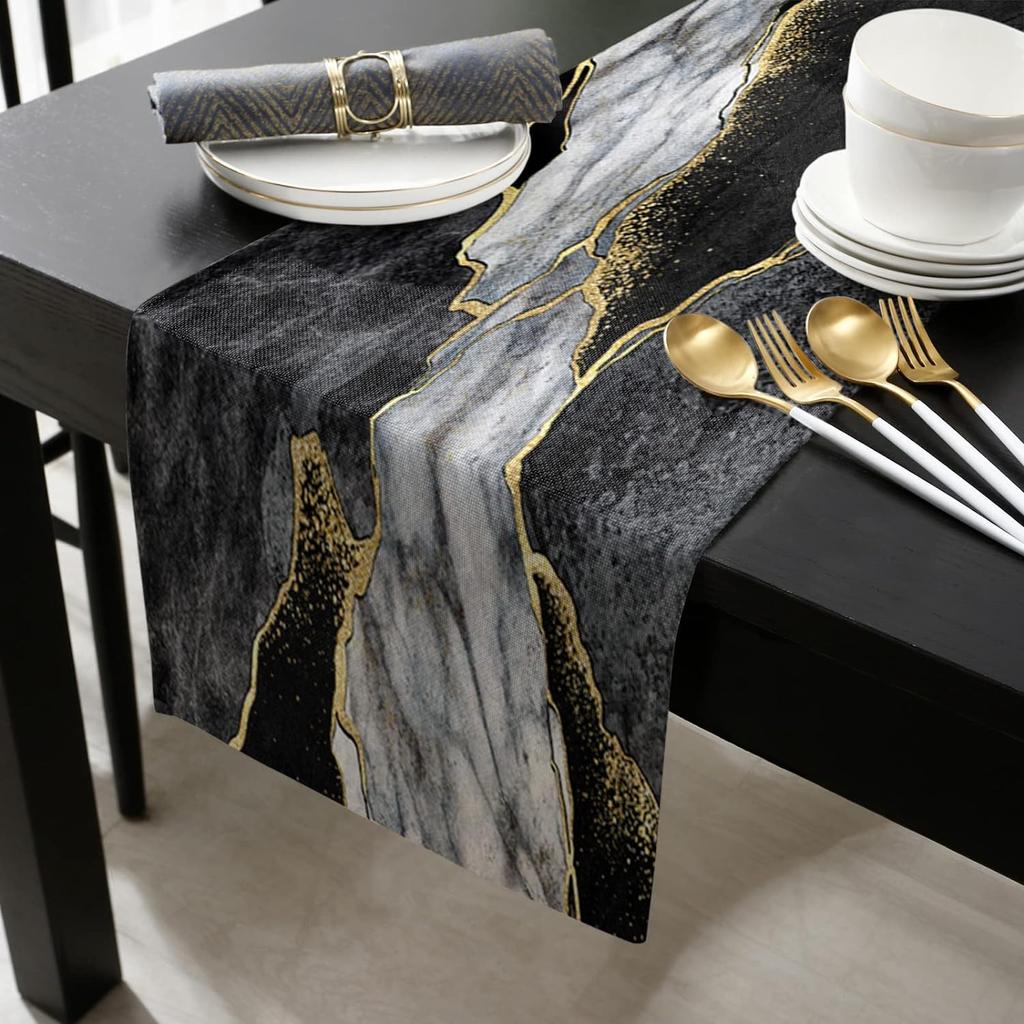 Abstract Marble Linen Table Runners Modern Black Grey Gold Table Runner Dresser Scarf Kitchen Home Party Dining Table Decoration