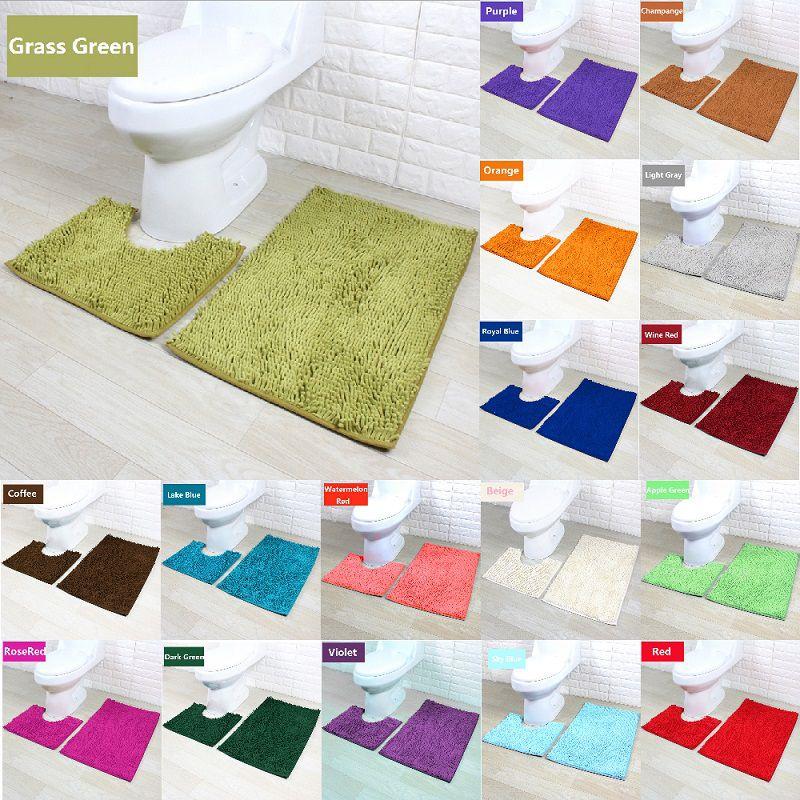 2 Piece Bath Mat Set Non Slip Toilet Pedestal Soft Foam Shaggy Rug Chenille