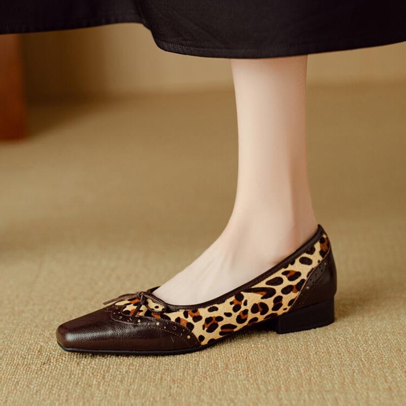 Fashion NEW Spring/Autumn Women Pumps Square Toe Low Heel Shoes Fashion Leopord Horsehair Handmade Shoes Bow-knot Shallow Women Pumps