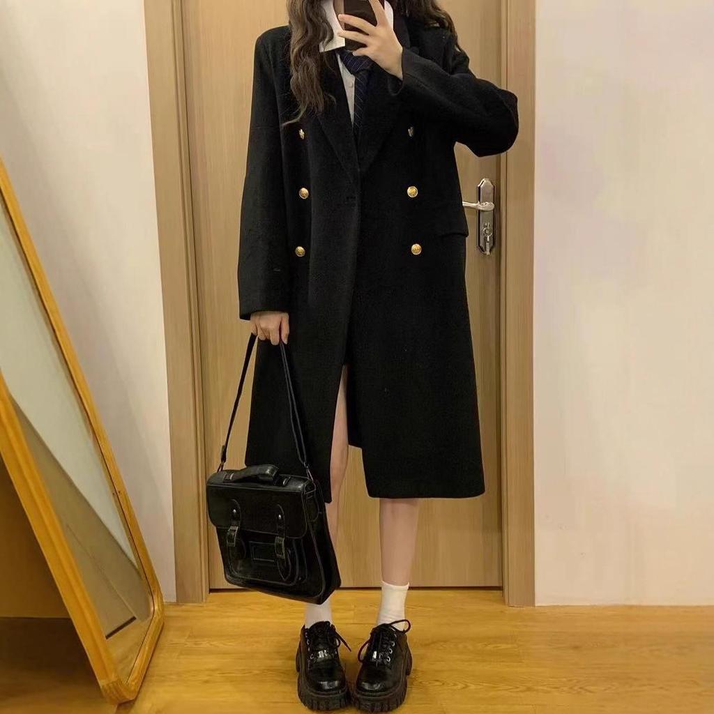 Academy-Style JK Uniform Double-Breasted Wool Coat - Black, Mid-Length, High-End Feel, Straight Shoulders, Autumn/Winter.
