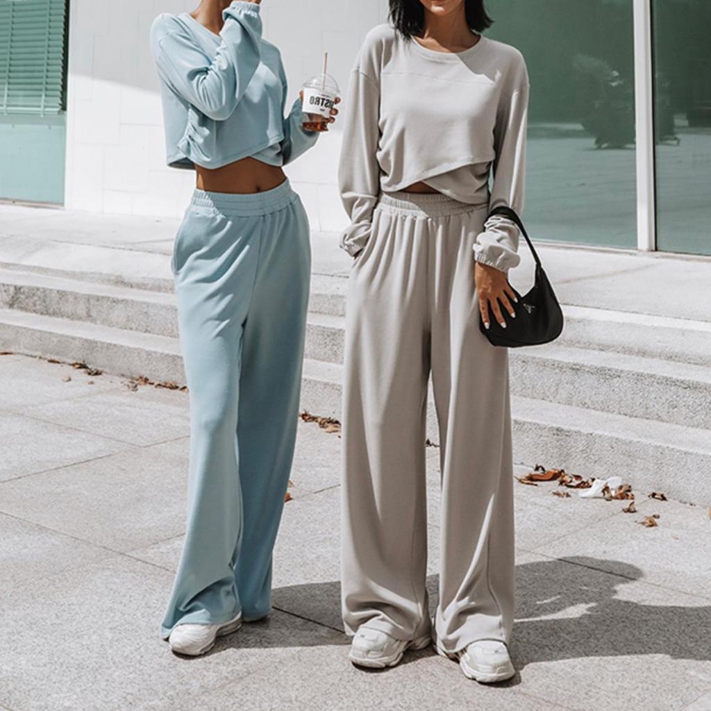 Women Solid Color Long Sleeve O Neck Hoodies Suit Autumn Winter Loose Top Wide Leg Pants