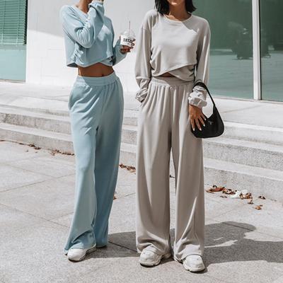 Women Solid Color Long Sleeve O Neck Hoodies Suit Autumn Winter Loose Top Wide Leg Pants