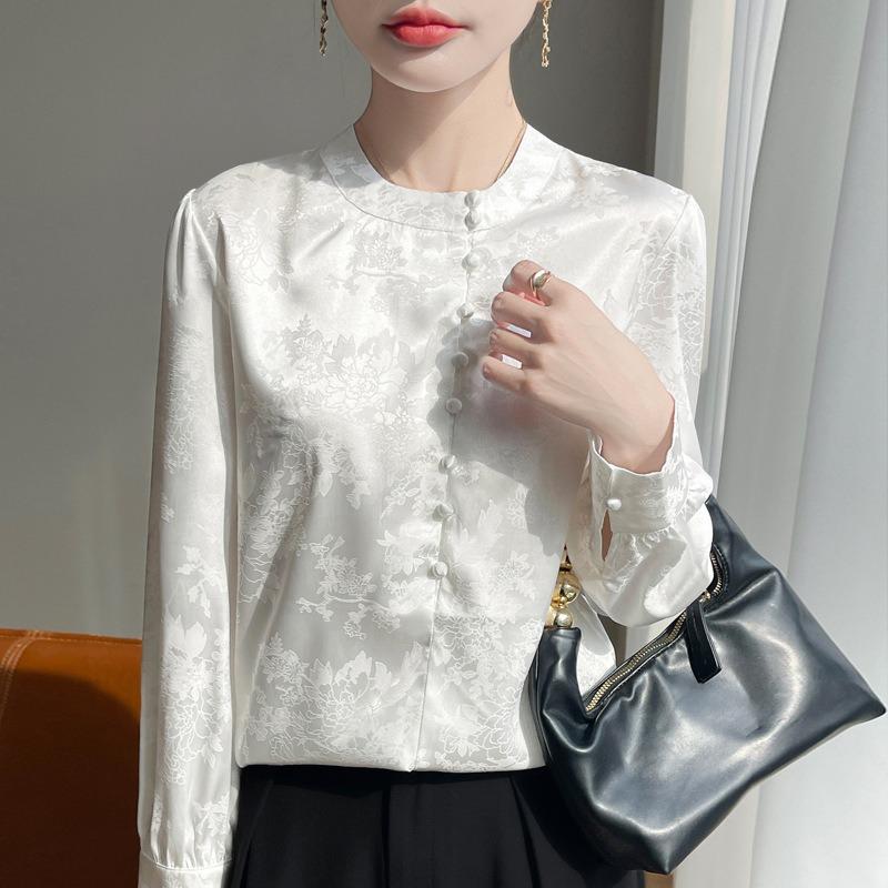 Women's Spring and Summer New New Chinese Stand-up Collar Shirt Loose Versatile Long-sleeved Pullover Solid Colour Simple Casual Shirt