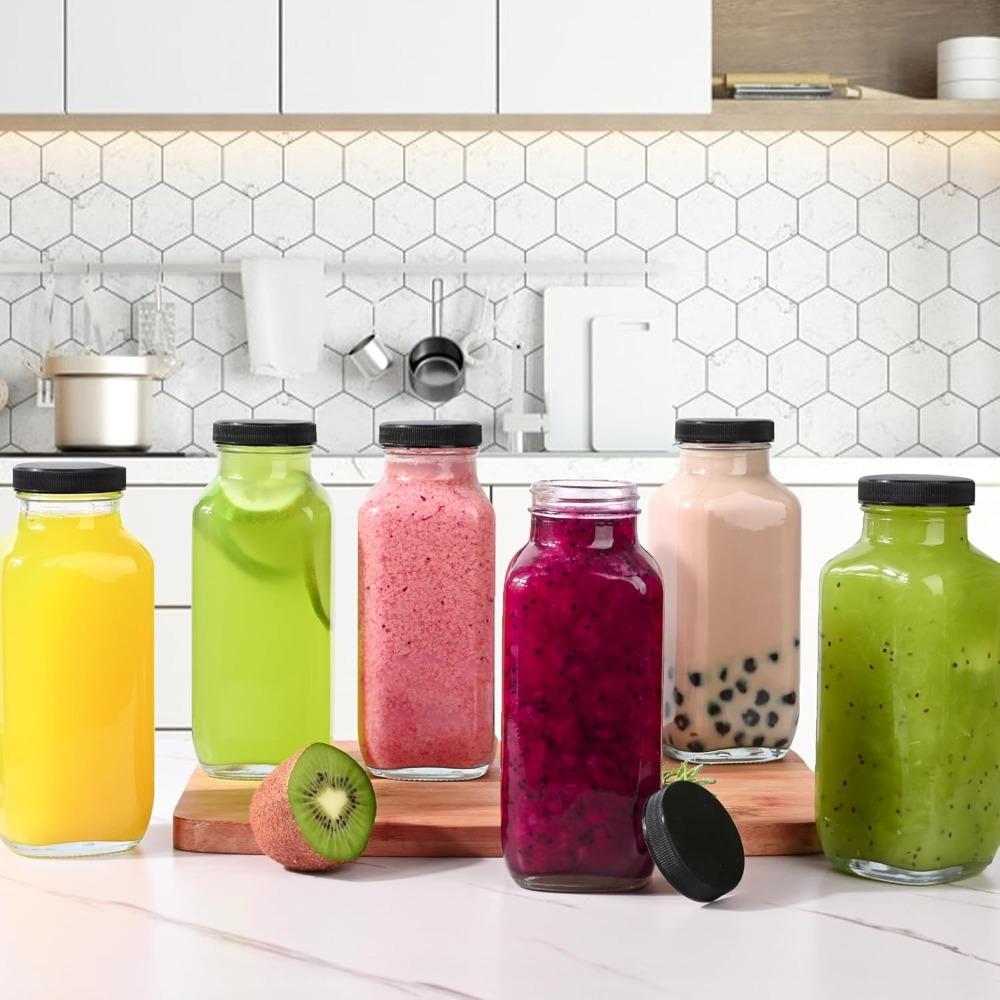 8pcs 16oz Glass Juice Bottles with 8pcs Lids - Reusable Juicing Bottles Glass Drinking Jars Containers with Airtight Lids & Cleaning Brush