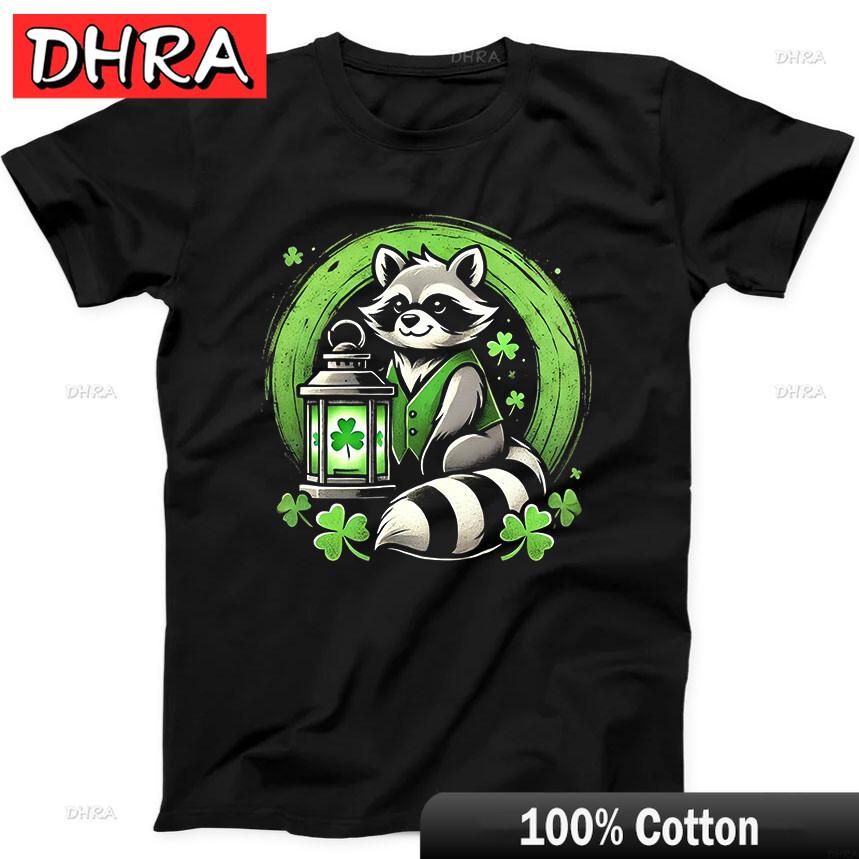 

St Patricks Day Raccoon with Shamrock Lantern Funny Gift Black Tee T Shirt Tops Minimalist Creative Unique Shirts Tees Female 4XL