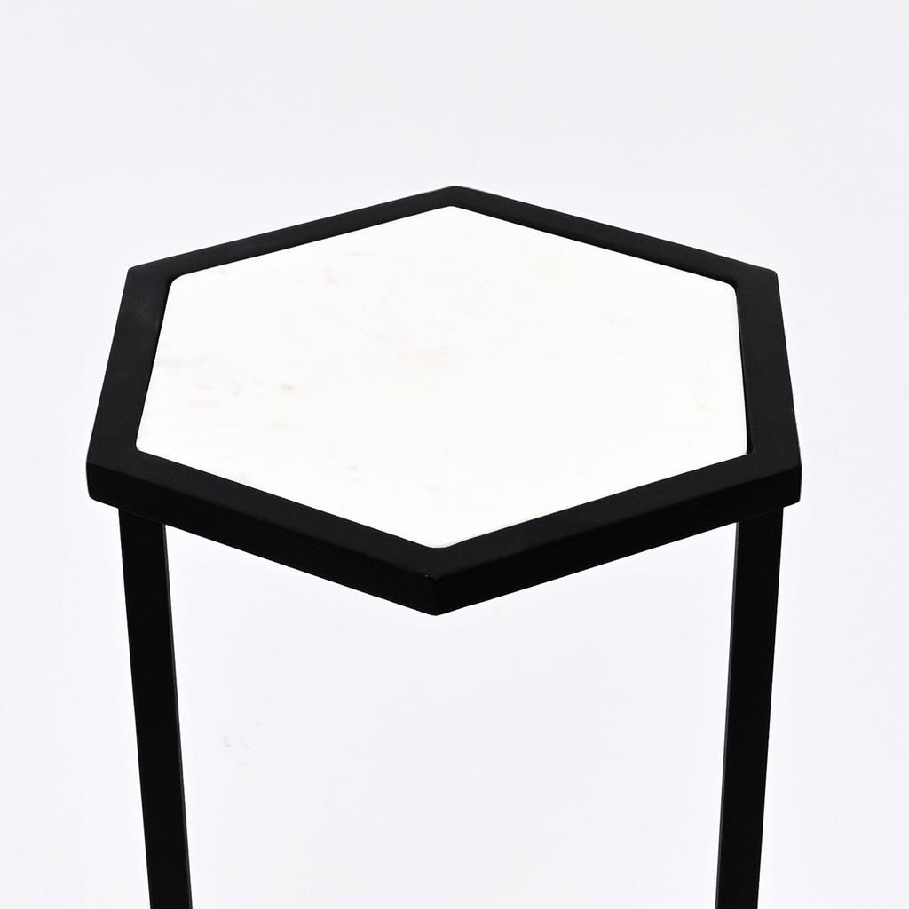 Hexagonal Marble Table Set of 2 – Modern Nesting Accent Tables with Black Metal Base