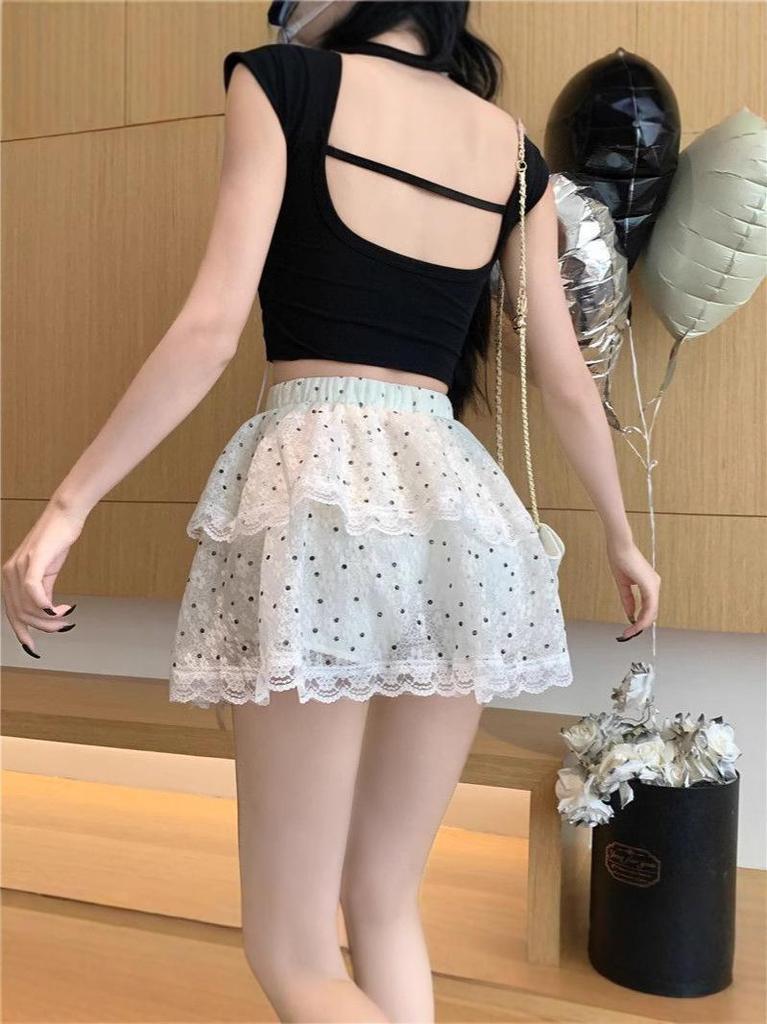 Gepunkteter Spitzenrock mit hoher Taille für Damen - Sommer Schlankmachend Klein Fluffiger Kuchenstil