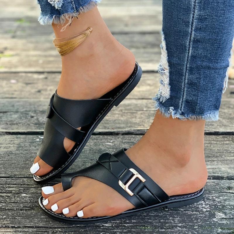 Ženy Pantofle Outdoor Ležérní Pláž Ženy Boty Léto Nové Ploché Žabky Sandály Vycházkové Klipy Špička Řím Spona Dámské Skluzavky