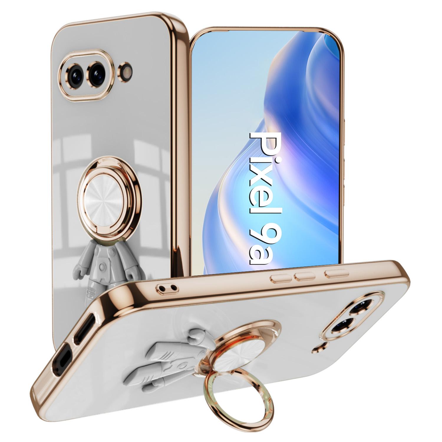

For Google Pixel 9a Case with Astronaut Ring Kickstand 6D Electroplating TPU Phone Cover White