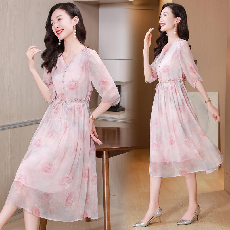 Silk print silk dress summer new adjustment waist seaside vacation silk dress