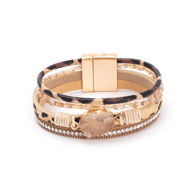 Crystal Rhinestone Vintage Ethnic Beaded Magnetic Clasp Leather PU Bracelet Women Men