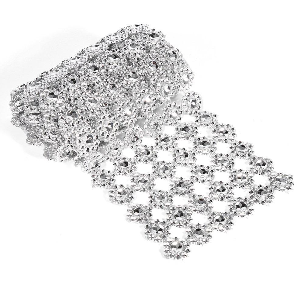 Silver Color Diamond Mesh Ribbon 4 Inch Width 10 Yards Length Diamond Warp Ribbon Faux Crystal Flower Shape Mesh