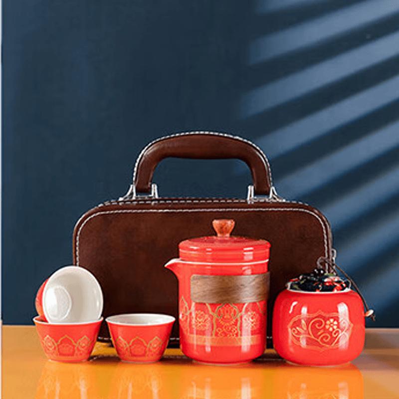 Portable Ceramic Travel Kung Fu Tea Set with Leather Bag