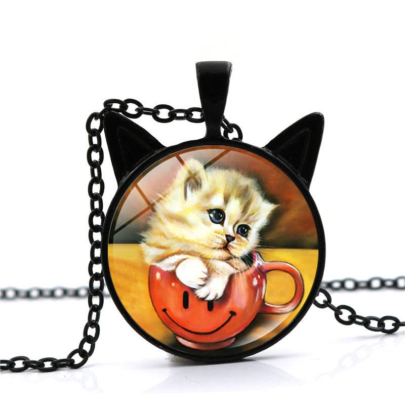Van Gogh Starry Sky Starry Night Kitten Necklace Women's Versatile Black Cat Ear Pendant European and American