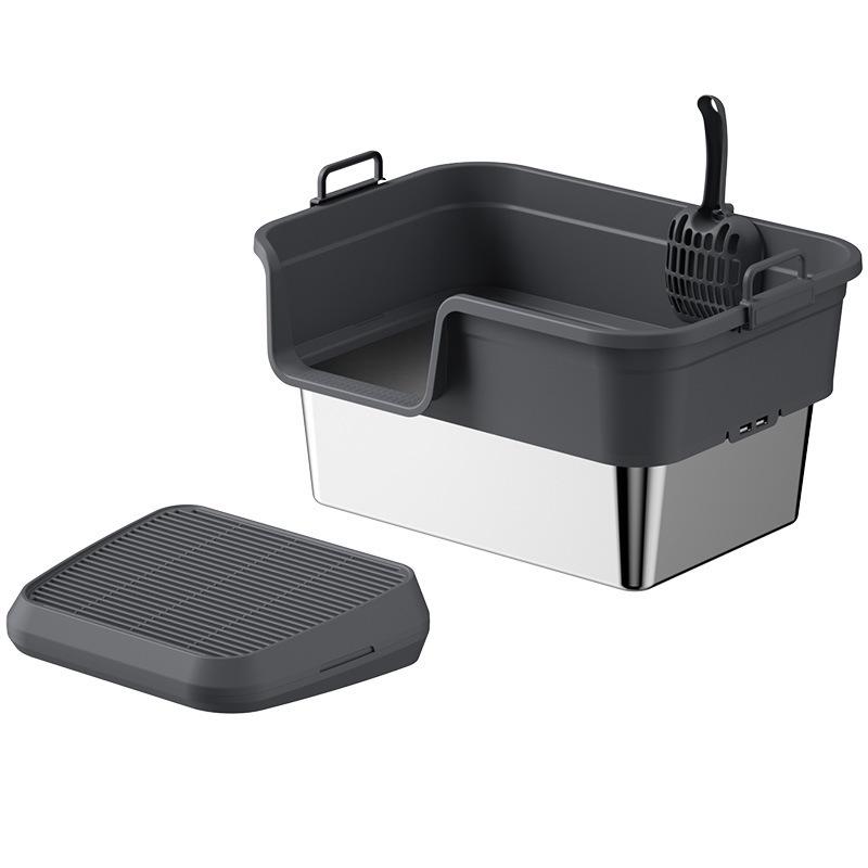 Semi-Enclosed Stainless Steel Cat Litter Box with High Walls, Splash and Leak Resistant, Large Top-Entry Design.