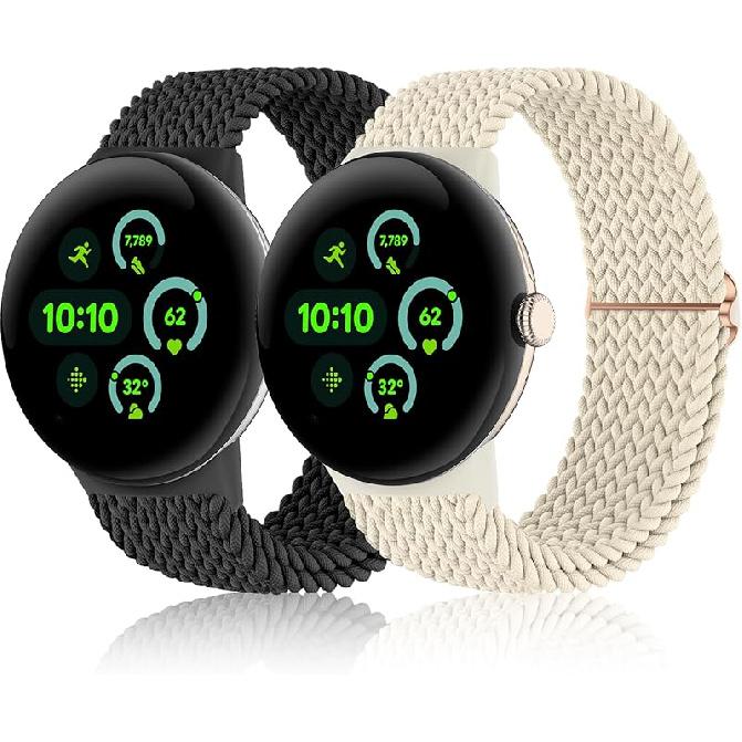 Ремешки, совместимые с Google Pixel Watch 3 45 мм, Эластичный плетеный нейлон, 2 шт., Мягкий петлевой ремешок, Замена, Регулируемый эластичный браслет для Google Black,Starlight