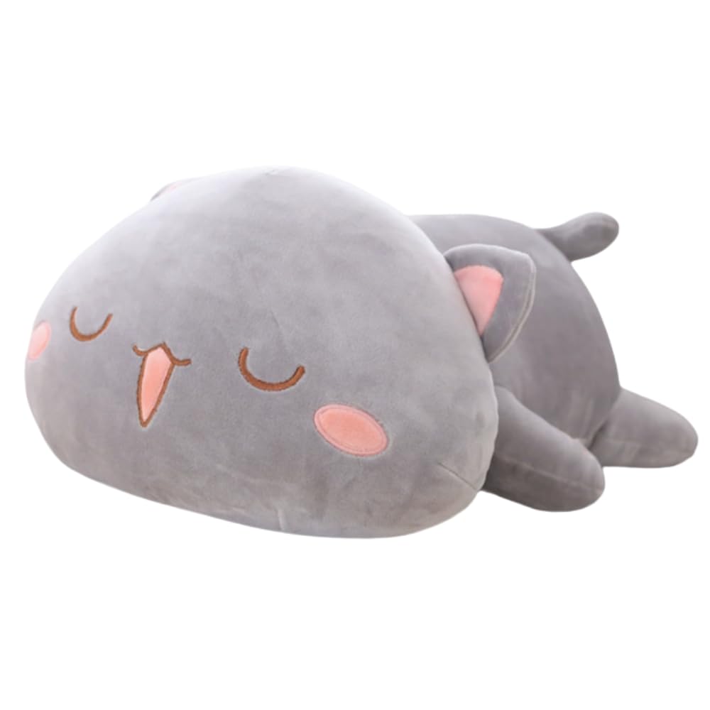 ORIJIRI Cat Plush Toy, Mochi Neko Cushion, Cute Body Pillow, Fluffy, Squishy Toy, Soothing (Gray, Sleeping)